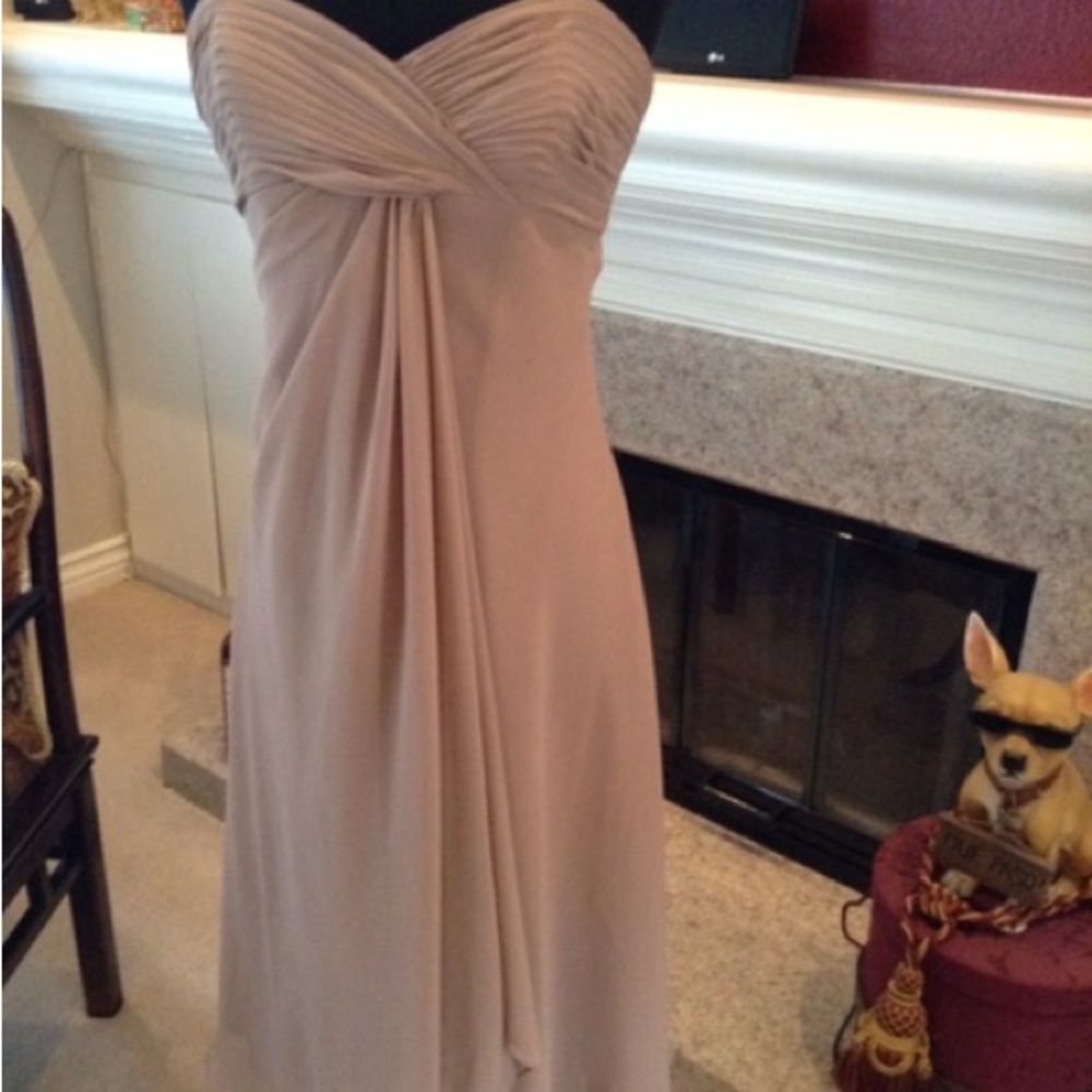 Elegant Strapless Chiffon Gown in Tan Beige